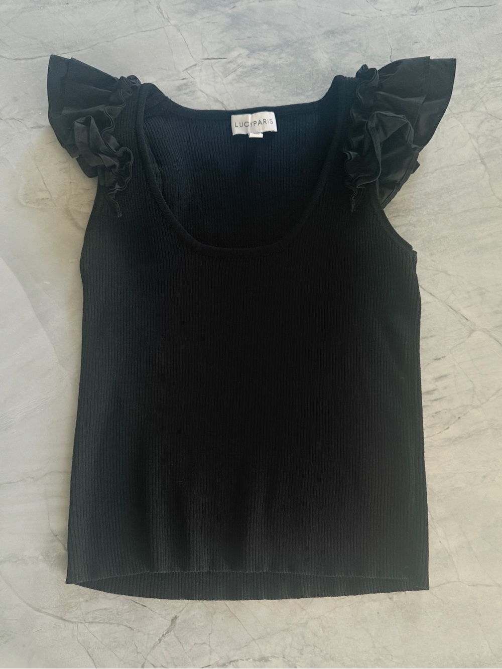 Lucy Paris Black Ribbed Tank with Ruffle Sleeve Detail